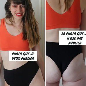montage de l'influence @delavraievie montrant une photo d'elle de face et une de dos avec du texte représentant celle qu'elle ose publier et celle qu'elle n'ose pas