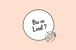 Fond beige avec une bulle blanche cerclée de noir en son centre où il est écrit "bio ou local ?"