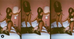 set de 3 photos avec un effet vintage montrant 2 filles entrain de sauter sur un lit et 1 allongée devant elles en sous-vêtements de la marque muse underwear